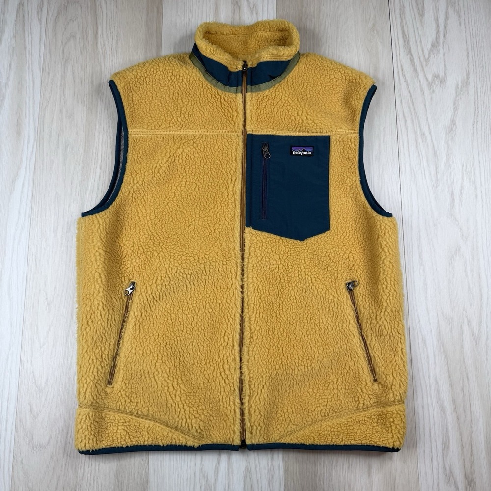 Patagonia Retro-X Vest Mens Large Yellow Sherpa Fleece Full Zip Pockets Hiking